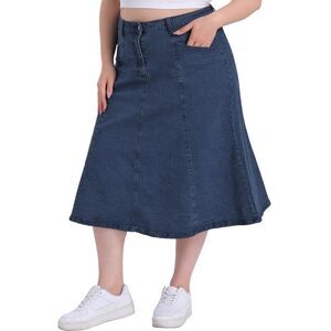 Plus Size Vintage High Waist with Pockets A-Line Midi Jean Skirt Blue